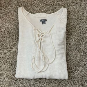 Aerie White Long Sleeved Shirt with Criss Cross Detail Size Small